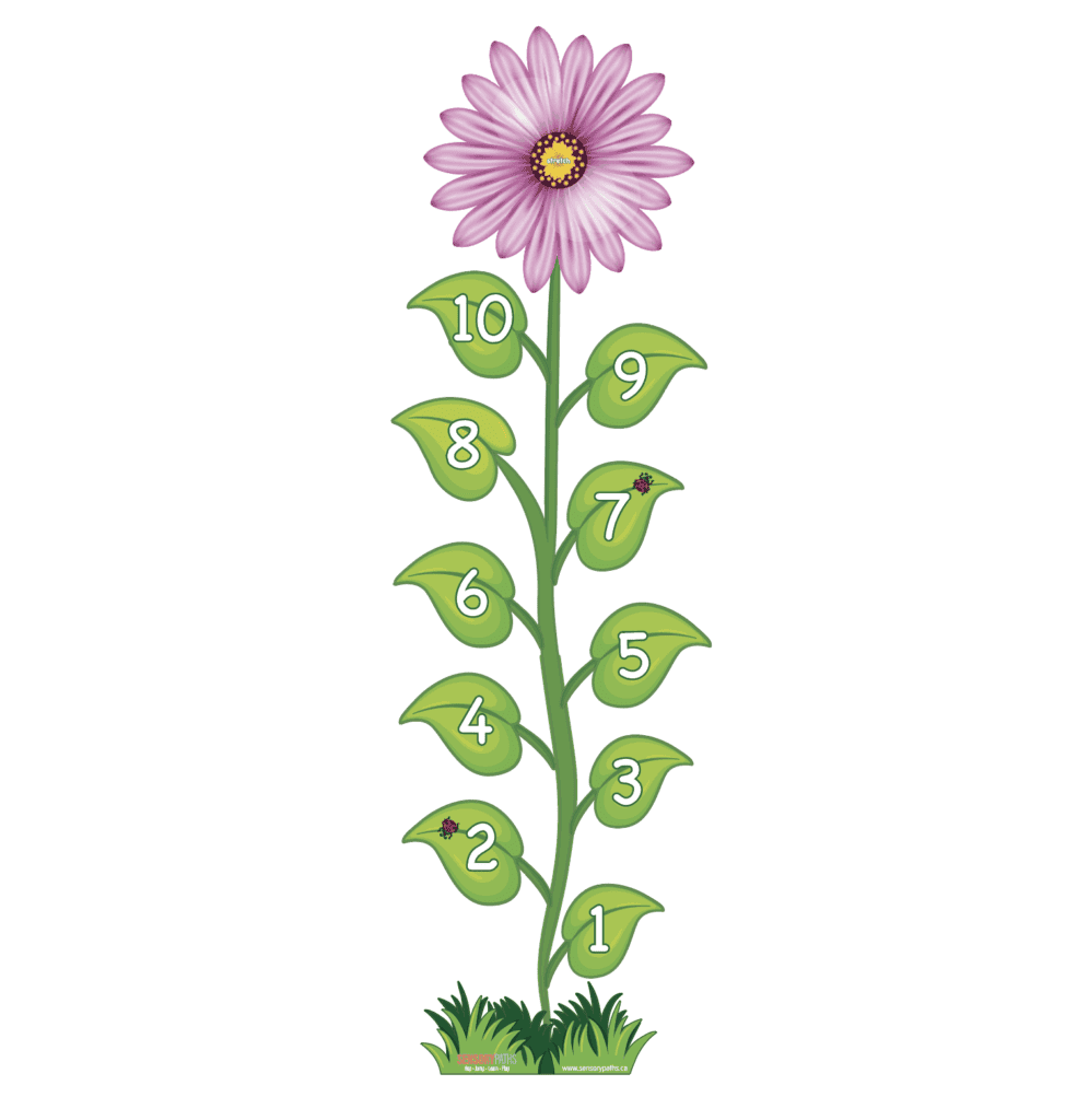 Colorful flower-shaped sensory path with numbered leaves for kids' play and learning.